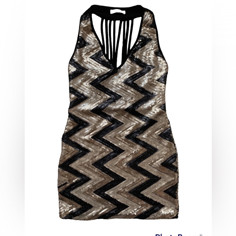 Agaci sequin sexy clubbing mini dress gold and black chevron